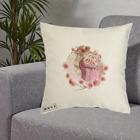 Perna Decorativa Femeie cu Flori Roz Acuarela, 40x40 cm, Ecru, Husa Detasabila, Perna Inclusa, BEKZ®
