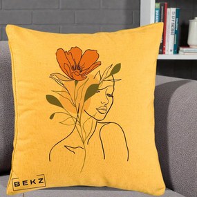 Perna Decorativa Portret Feminin Floare Portocalie, 40x40 cm, Galben, Husa Detasabila, Perna Inclusa, BEKZ®