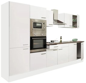 Mobilă de bucătărie Yorki 330, corp alb, cu față satinată albă și dulap cu raft