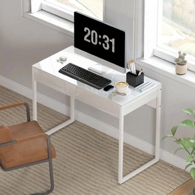 HOMCOM Birou Modern cu 2 Sertare și Picioare din Oțel, 100x50x75 cm, Alb Lucios | Aosom Romania