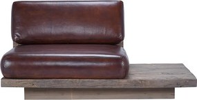Canapea modulară 1 loc din piele naturală maro, cu platformă din lemn reciclat pe stânga și spătar pe cadru metalic, 82 x 140 x 90 cm, „Oxford”