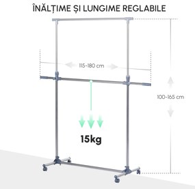 HOMCOM Cuier pentru haine cu inaltime si extensie reglabile, 165 x 48 x 180 cm, Inox / ABS, Argintiu / Gri | Aosom Romania