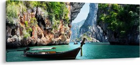 Tablou - Apă peisaj mediteranean cu barca (120x50 cm)