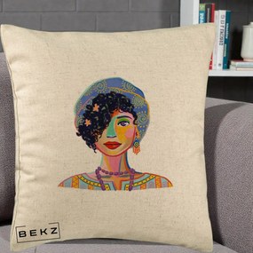Perna Decorativa Portret Femeie Etnic Colorat, 40x40 cm, Bej, Husa Detasabila, Perna Inclusa, BEKZ®