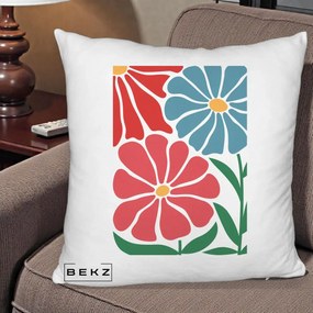 Perna Decorativa Flori Grafice Rosu-Albastru, 40x40 cm, Alb Pufos, Husa Detasabila, Perna Inclusa, BEKZ®