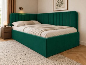 Pat tapițat pentru copii din catifea Elyra Line 120×200 cm, verde, colț dreapta, cu ladă de depozitare