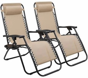 Aldabra 9013, 2 scaune de grădină cu gravitație zero cu suporturi pentru pahare, bej