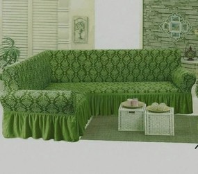 Husa elastica pentru coltar, cu volanas, model Jacquard Verde