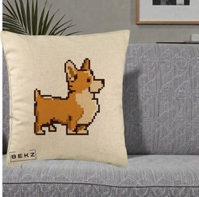 Perna Personalizata Corgi Pixel Art, 40x40 cm, Bej, Husa Detasabila, Perna Inclusa, BEKZ®