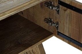 Comodă TV living din lemn reciclat, natur, cu 2 uși, 1 sertar, nișă deschisă și picioare oblice cu traversă, 60 x 180 x 45 cm, „Auburn”
