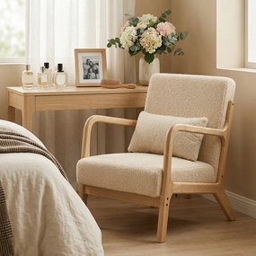 HOMCOM Fotoliu lounge - 3 perne incluse - șezut adânc - cotiere - structură lemn hévéa - aspect catifea bej | Aosom Romania