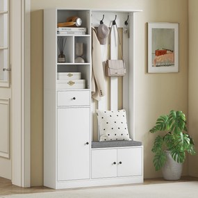 HOMCOM Cuier 180 cm cu Bancă pentru Pantofi, Soluție 4-în-1 cu Raft Reglabil, 4 Agățători și Compartimente Deschise, pentru Hol sau Living, Alb | Aosom Romania