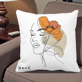 Perna Decorativa Portret Feminin Mac Mare Portocaliu, 40x40 cm, Alba Mata, Husa Detasabila, Perna Inclusa, BEKZ®
