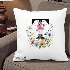 Cadou Personalizat - Perna Personalizata Monogram Litera T cu Flori Acuarela, 40x40 cm, Alba Mata, Husa Detasabila, Perna Inclusa, BEKZ®