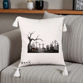 Perna Decorativa Halloween Cimitir Acuarela cu Dovleac, 40x40 cm, Bej cu Franjuri, Husa Detasabila, Perna Inclusa, BEKZ®
