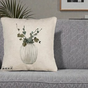 Perna Decorativa Vaza cu Eucalipt Watercolor, 40x40 cm, Bej Canapea, Husa Detasabila, Perna Inclusa, BEKZ®