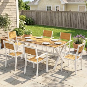 Outsunny Set Masă și Scaune de Grădină 7 Piese, Set Prânz Exterior din Aluminiu cu 6 Scaune Stivuibile, Masă cu Șipci Imitatie Lemn, pentru Terasă, Balcon, Patio, Teak | Aosom Romania