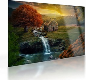 Tablou pe sticlă cu căbănuță în peisaj de poveste (70x50 cm)