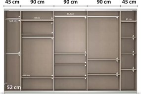 Dressing 360 cm lungime, 3 uși glisante, oglindă pe mijloc, culoare gri mătase, compartimentare premium, 229 cm înălțime