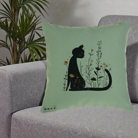 Perna Decorativa Pisica Neagra Flori Portocalii Silueta, 40x40 cm, Verde, Husa Detasabila, Perna Inclusa, BEKZ®