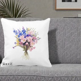 Perna Decorativa Buchet Floral Acuarela Primavara, 40x40 cm, Alba Mata, Husa Detasabila, Perna Inclusa, BEKZ®