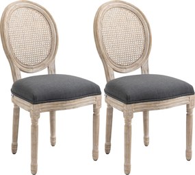 HOMCOM Set 2 Scaune de Dining Vintage, Material cu Efect de In, Spătar din Ratan Perforat, Picioare din Lemn, Gri | Aosom Romania