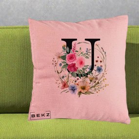 Cadou Personalizat - Perna Personalizata Monogram Litera U cu Flori Acuarela, 40x40 cm, Roz, Husa Detasabila, Perna Inclusa, BEKZ®