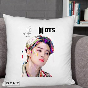 Perna Personalizata K-pop BTS Jimin Portret Artistic Multicolor cu Autograf, 40x40 cm, Alb Pufos, Husa Detasabila, Perna Inclusa, BEKZ®