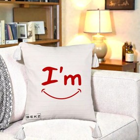 Perna Decorativa I'm Happy Smile, 40x40 cm, Bej cu Franjuri, Husa Detasabila, Perna Inclusa, BEKZ®