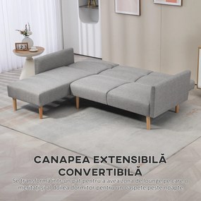 HOMCOM Canapea Extensibila cu 3 Locuri, Canapea pe Colt din Tesatura Gri cu Spatar Reglabil, Stil Scandinav, 207x146x80cm | Aosom Romania