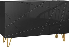 HOMCOM Dulap de Depozitare cu 2 Dulapuri și Raft Reglabil pe 3 Niveluri, Bufet Modern din PAL și Metal, 120x40x75 cm, Negru și Auriu | Aosom Romania