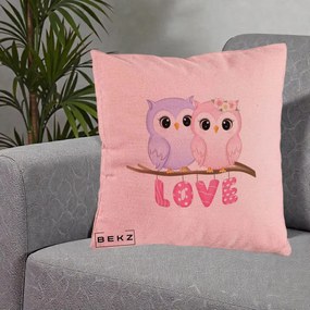 Perna Decorativa Love Bufnite Indragostite pe Crenguta Roz si Mov, 40x40 cm, Roz, Husa Detasabila, Perna Inclusa, BEKZ®