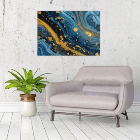 Tablou pe sticlă - Abstracție albastră cu aur (70x50 cm)