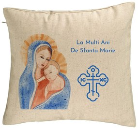 Perna Decorativa, Model La multi ani de Sfanta Maria, 40x40 cm, Bej, Husa Detasabila, Burduf