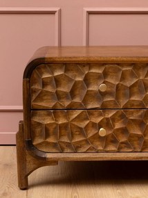 Comodă TV din lemn de mango cu 1 ușă și 3 sertare , natur, cu decor sculptat în relief și mânere din alamă, 150x32,5x160,5 cm, „Atlas"