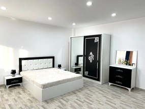 Dormitor Milano, culoare alb / negru, cu pat tapitat 160 x 200 cm, dulap cu 2 usi, comoda cu oglinda, 2 noptiere