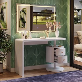 Masuta machiaj cu Oglinda LED si 2 Sertare pentru Cosmetice, Set Masa toaleta 120 cm, Alb Lucios, masuta cosmetica, vanity - SEA462