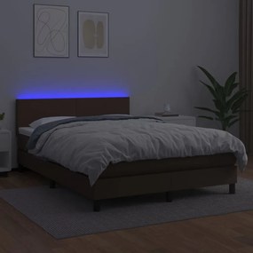 Pat cu arcuri, saltea si LED, maro, 140x200 cm, piele eco Maro, 140 x 200 cm, Design simplu