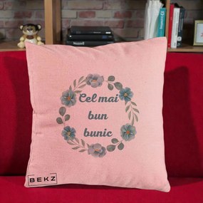 Cadou pentru Bunic - Perna Personalizata Cel Mai Bun Bunic Coronita Flori Albastre Teal, 40x40 cm, Roz, Husa Detasabila, Perna Inclusa, BEKZ®