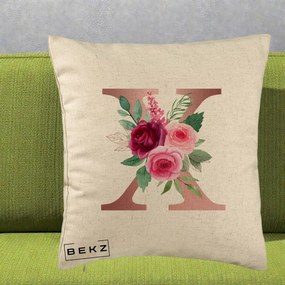 Cadou Personalizat - Perna Personalizata Monograma Rose Gold Litera X, 40x40 cm, Bej, Husa Detasabila, Perna Inclusa, BEKZ®