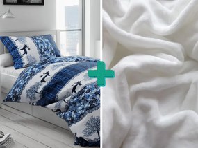 2x lenjerie de pat din microplus CHRISTMAS RENEER albastru + cearsaf din microplus SOFT 180x200 cm alb