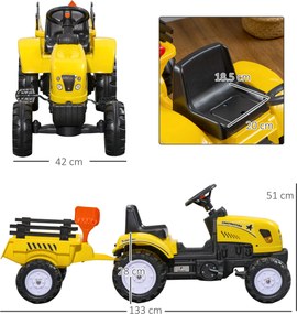 HOMCOM Tractor de Pedalat pentru Copii de 3+ Ani cu Remorcă, Greblă, Lopată și Claxon, 133x42x51 cm, Galben | Aosom Romania