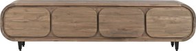 Comodă TV lungă din lemn de tec reciclat, maro, cu 4 sertare și picioare metalice, aspect rustic, 50 x 200 x 45 cm, „Granville”