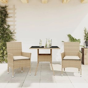 vidaXL Set mobilier de grădină cu perne 3 piese bej poliratan &amp; sticlă
