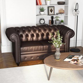 HOMCOM Canapea cu 2 locuri in stil Chesterfield din piele ecologica, lemn si metal, canapea clasica cu perna detasabila, 160x84x80 cm, maro