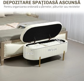 HOMCOM Bancă de Depozitare de Intrare Ovală 72L, Design Canelat cu Capac Rabatabil și Scaun Capitonat, Bancă de la Capătul Patului, Pouf, în Velur și cu Picioare din Lemn de Pin, 108x44x43.5 cm, Crem | Aosom Romania