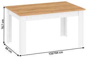 Masa dining, alb alba  stejar craft auriu, 135-184x86 cm, LANZETTE S