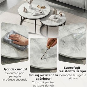 HOMCOM Set 2 Masute de Cafea care se Suprapun, Masute pentru Salon Rotunde din Metal si MDF Efect Marmura, Gri si Negru