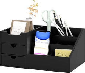 HOMCOM Cutie de Depozitare de Birou - Organizator de Birou - 7 Compartimente, 2 sertare - Bambus Lacuit Negru | Aosom Romania