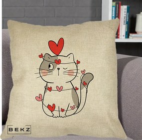 Perna Decorativa Pisica Kawaii cu Inimi, 40x40 cm, Crem, Husa Detasabila, Perna Inclusa, BEKZ®